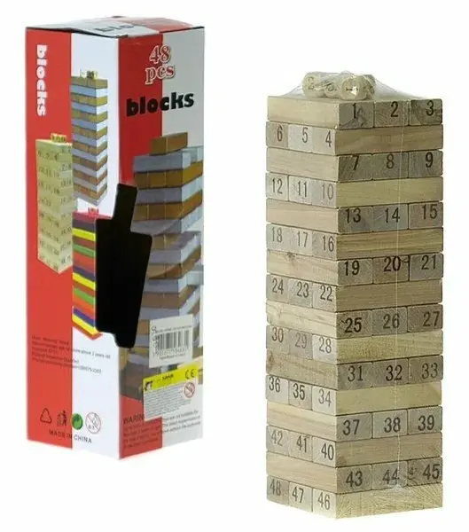 Dřevěná věž – hra z 48 kostek s čísly