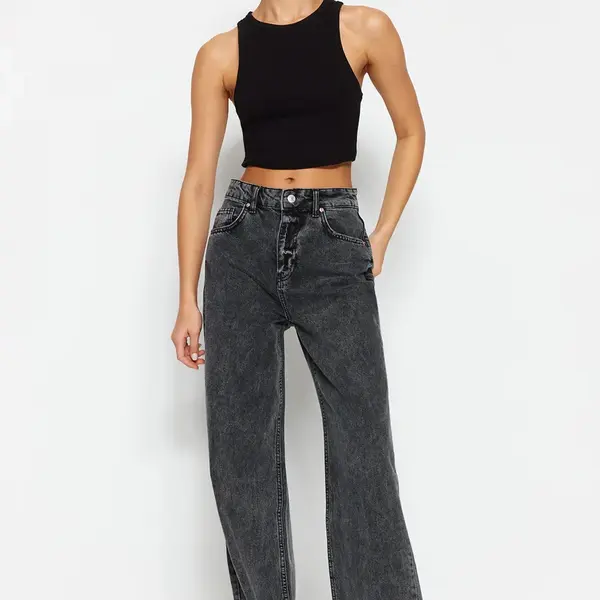 Trendyol Anthracite High Waist Široké džíny s nohavicemi