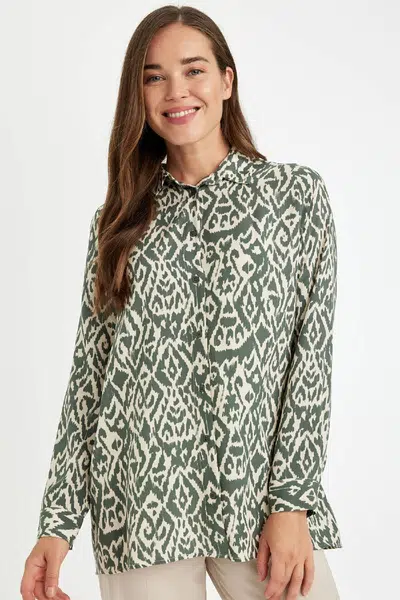 DEFACTO Loose Fit Shirt Collar Patterned Long Sleeve Shirt Tunic