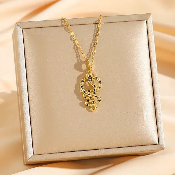 Brass Micro Pave Black Cubic Zirconia Snake Pendant Necklaces