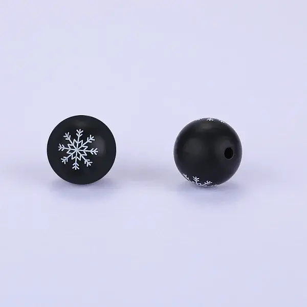 Christmas Printed Round with Snowflake Pattern Silicone Focal Beads