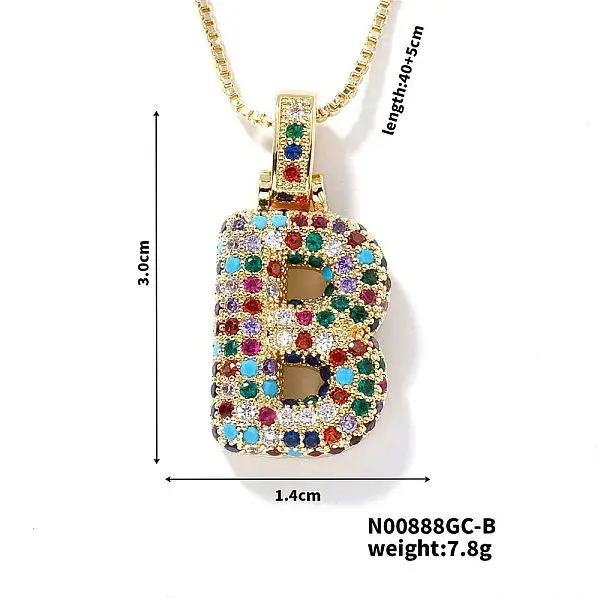 Brass Pave Colorful Cubic Zirconia Letter Pendant Box Chain Necklaces