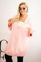 Kesi Dámská mikina Plus Size bavlněná s kapucí a zipem pudrově růžová