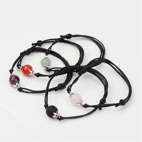 Adjustable Natural Gemstone and Waxed Cotton Cord Bracelets