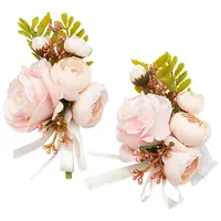 2Pcs 2 Style Silk Cloth Rose Flower Boutonniere Brooch & Wrist Corsage