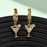 Wine Glass Brass Micro Pave Cubic Zirconia Dangle Hoop Earrings