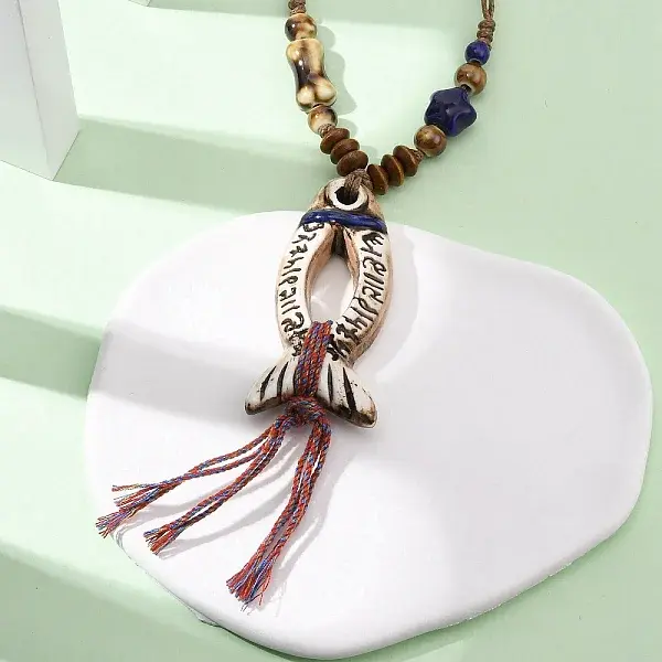 Ceramic Fish Pendant Adjustable Waxed Cord Necklaces for Women