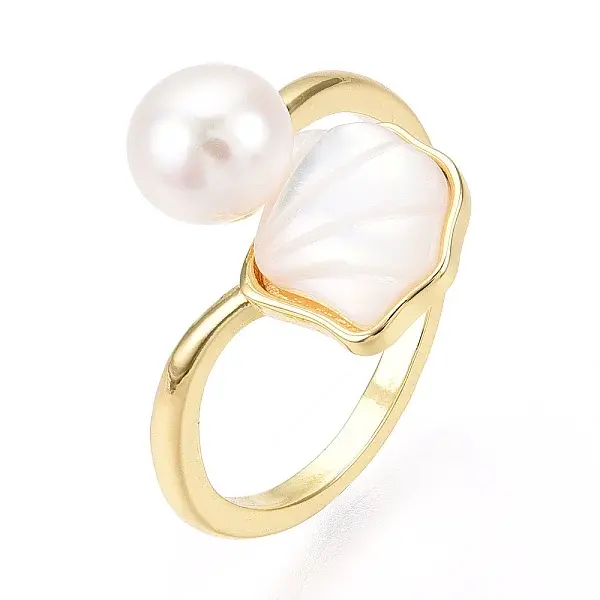 Natural Pearl Open Cuff  Ring with Msilver-Lipped Pearl Oyster