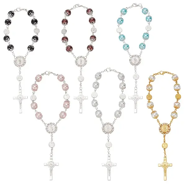 6Pcs 6 Colors Glass Pearl Rosary Bead Bracelets Set
