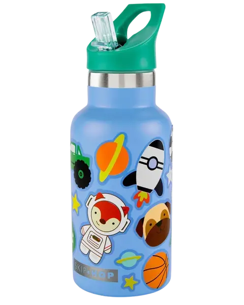 SKIP HOP Láhev s nálepkami se slámkovým náústkem nerezová modrá 4r+, 380 ml