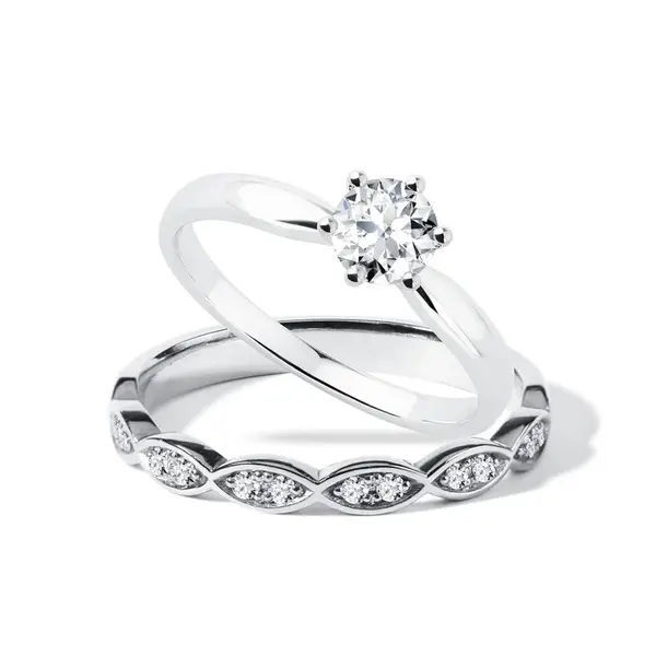 Elegantní snubní a zásnubní prsten v bílém zlatě KLENOTA