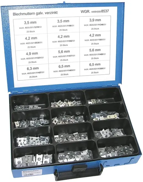 Dresselhaus Plechové - pružné matice pro samořezné šrouby 3,5-6,5 mm, pozinkované, sada 300 ks v kufru