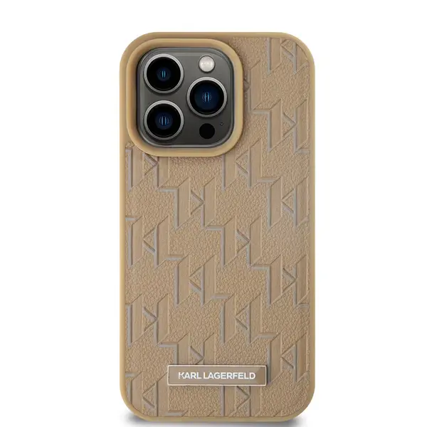 Zadní kryt Karl Lagerfeld PU Leather Monogram Metal Logo Magsafe pro Apple iPhone 14 Pro Max, béžová