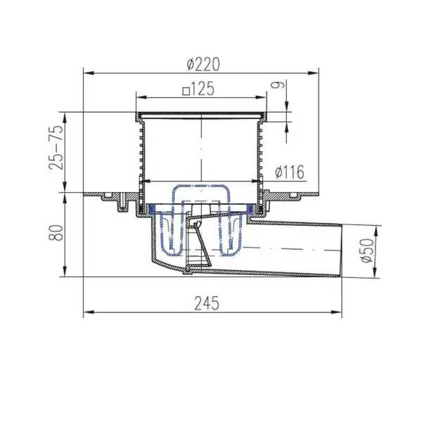 Vpusť podlahová boční D 50 mm, nerez rámeček, mřížka GATE, ENPRO