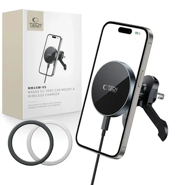 Tech-Protect MM15W-V5 Bezdrátová MagSafe nabíječka do auta s magnetickým držákem do ventilace 15W, černá