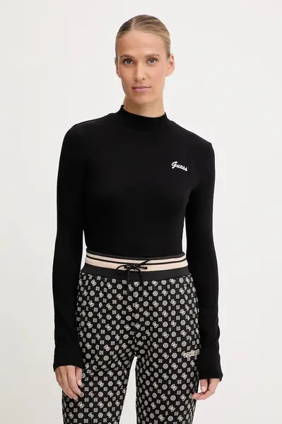 Tričko s dlouhým rukávem Guess ALBA černá barva, s pologolfem, V5BP10 KCBF1