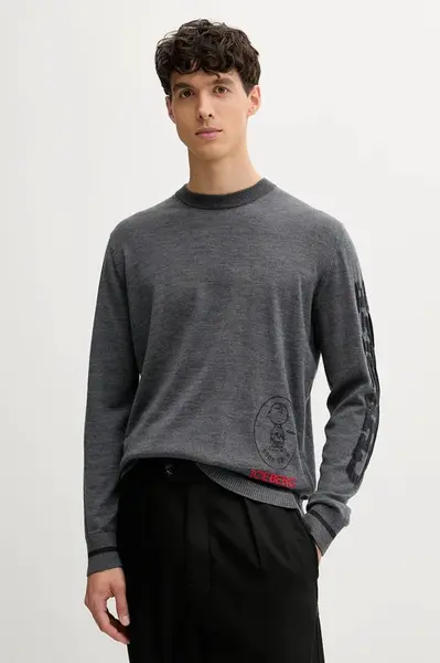 Vlněný svetr Iceberg pánský, šedá barva, A008 9005