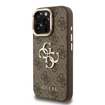 Zadní kryt Guess PU 4G Metal Logo Stand Camera Frame pro Aplle iPhone 15 Pro, hnědá