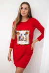 Dress with 3D graphics and decorative pom pom red