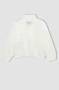 DEFACTO Girl Oversize Wide Pattern Polo Collar Buttoned Sweatshirt