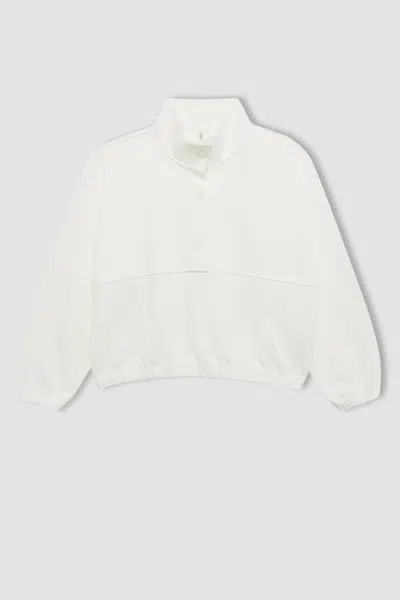 DEFACTO Girl Oversize Wide Pattern Polo Collar Buttoned Sweatshirt
