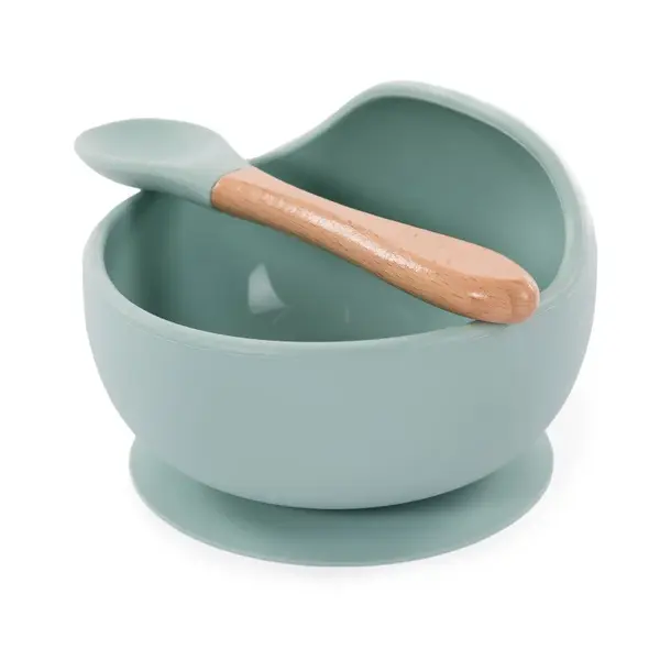 Bo Jungle silikonová miska s přísavkou a lžičkou Pastel Blue