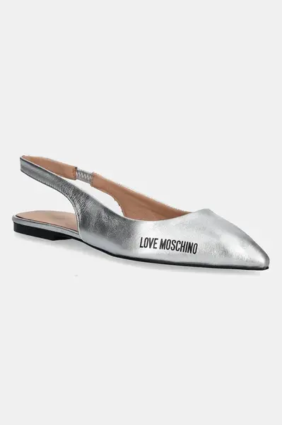 Kožené baleríny Love Moschino stříbrná barva, s odkrytou patou, JA11021G1MIF0902