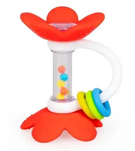 GiliGums Silikonové kousátko, chrastítko Květina, červené