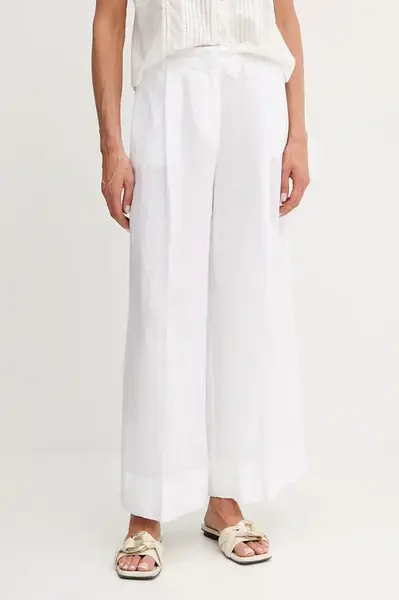 Lněné kalhoty MAX&Co. dámské, bílá barva, široké, high waist, 2516131025200