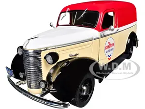 1939 Chevrolet Panel Truck "Chevron Gasolines" Red and Beige with White Hood and Stripes "Running on Empty" Series 7 1/24 Diecast Model Car by Greenl