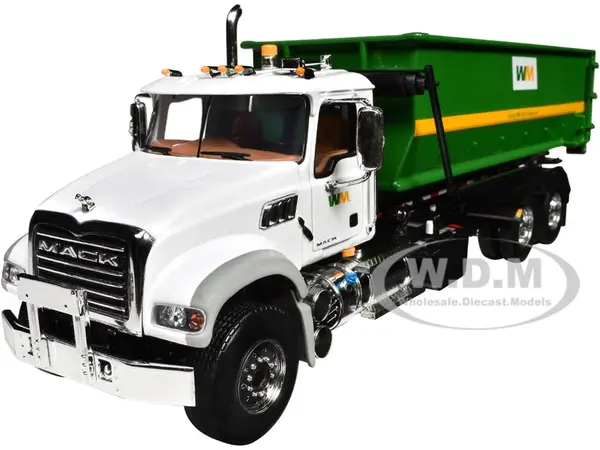 Mack Granite Garbage Truck "Waste Management" White and Green with Tub-Style Roll-Off Container 1/34 Diecast Model by First Gear