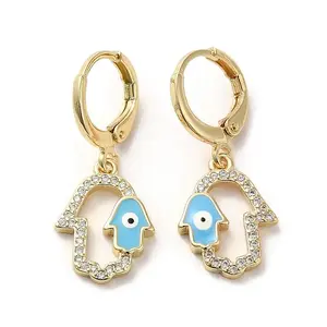 Hamsa Hand with Evil Eye Real 18K Gold Plated Brass Dangle Leverback Earrings