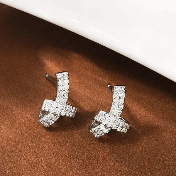 knot Brass Micro Pave Clear Cubic Zirconia Stud Earrings