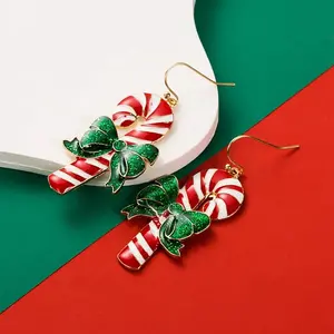 Christmas Candy Cane Alloy Enamel Dangle Earrings for Women