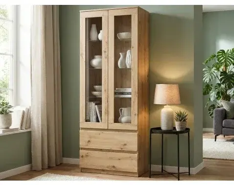 Vysoká vitrína Carlos, dub artisan, šířka 70 cm