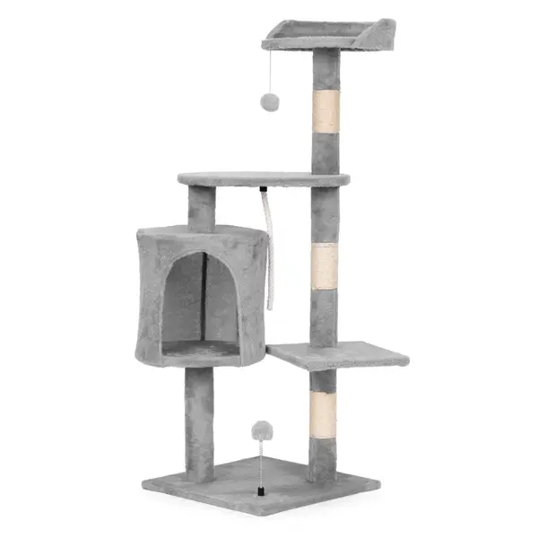 Mačacie škrabadlo 110 cm s pelieškom a domčekom – sivé