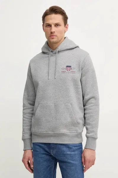 Mikina Gant pánská, šedá barva, s kapucí, s aplikací