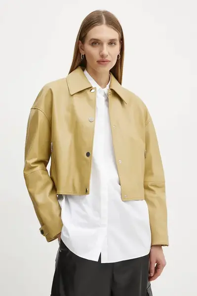 Kožená bunda BOSS dámská, zelená barva, přechodná, oversize, 50535759