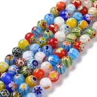 Millefiori Glass Round-Single Flower Bead Strands
