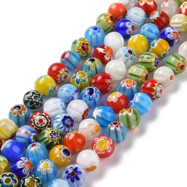 Millefiori Glass Round-Single Flower Bead Strands