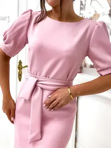 Resti Women's knee-length dress with puffed short sleeves and belt