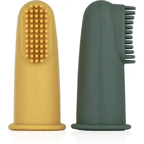 Petite&Mars Take&Match 0m+ detská zubná kefka na prst s puzdrom Ochre&Green 2 ks