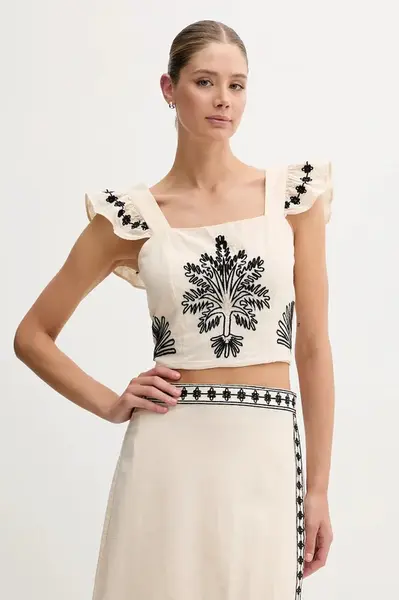 Halenka se lněnou směsí Hoss Intropia dámská, béžová barva, s aplikací, 5879153