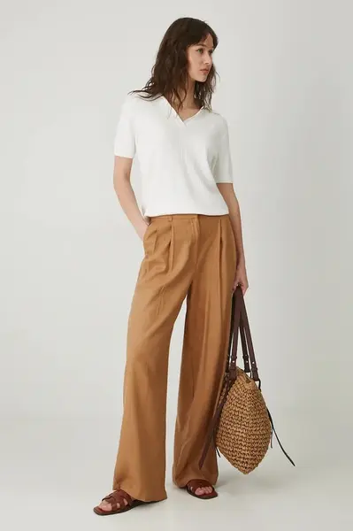 Kalhoty s příměsí lnu Medicine hnědá barva, medium waist