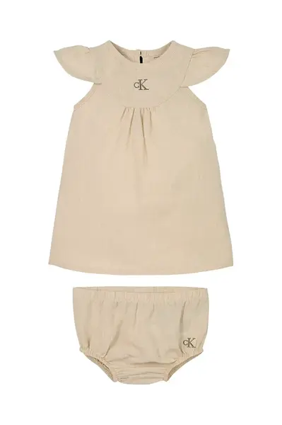 Dětské šaty s příměsí lnu Calvin Klein Jeans béžová barva, mini, IN0IN00299