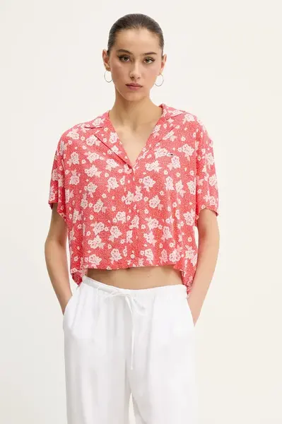 Košile Tommy Jeans dámská, oranžová barva, relaxed, s klasickým límcem, DW0DW20285