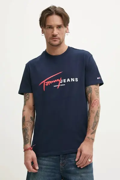 Bavlněné tričko Tommy Jeans tmavomodrá barva, s potiskem, DM0DM20817