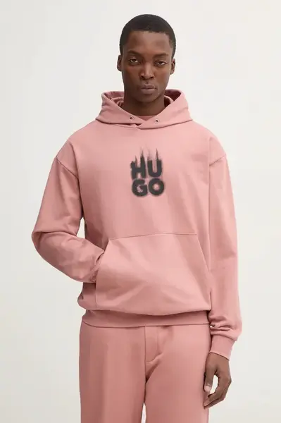 Bavlněná mikina HUGO pánská, růžová barva, s kapucí, s potiskem, 50530428
