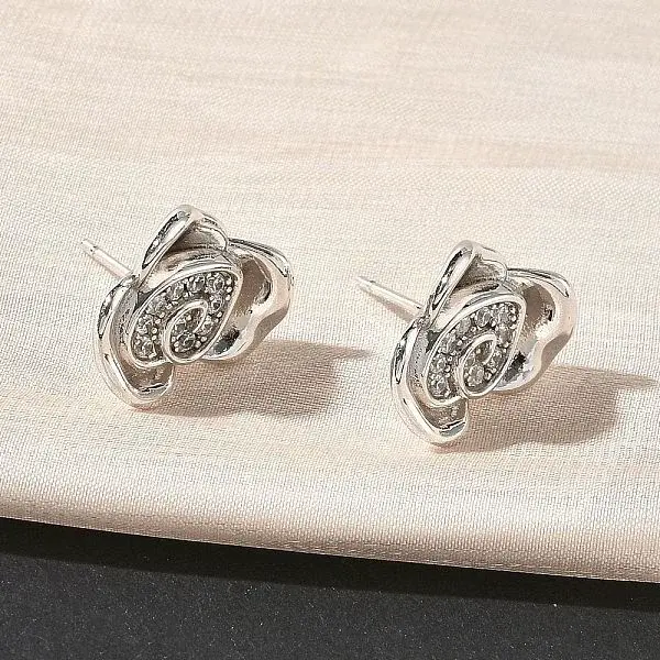 Rose Flower Brass Micro Pave Cubic Zirconia Stud Earrings