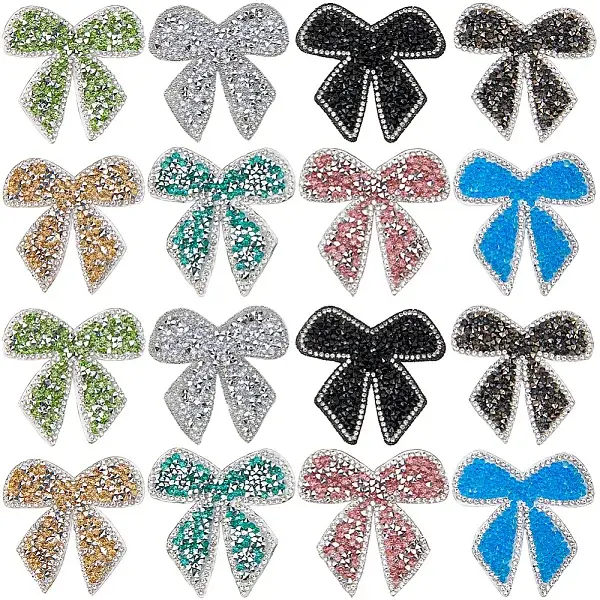 16Pcs 8 Styles Bowknot Hotfix Rhinestone Iron on Patches Appliques